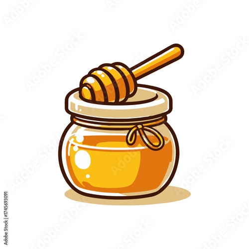 A vibrant illustration of a honey jar with a dipper, showcasing the sweet syrup inside, set against a clean background
