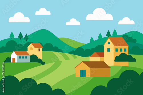 Charming cartoon farmhouses nestled in rolling green hills under a blue sky