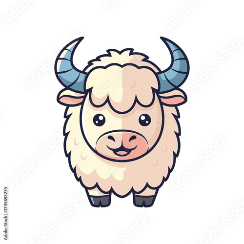Cute cartoon illustration of a fluffy yak with horns, set against a simple white background