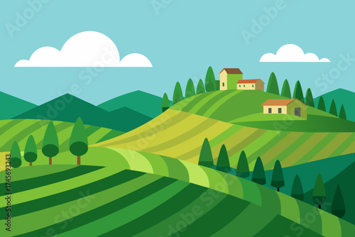 Stylized illustration of rolling green hills with farmhouses and trees