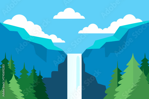 Flat design waterfall in a mountainous forest landscape
