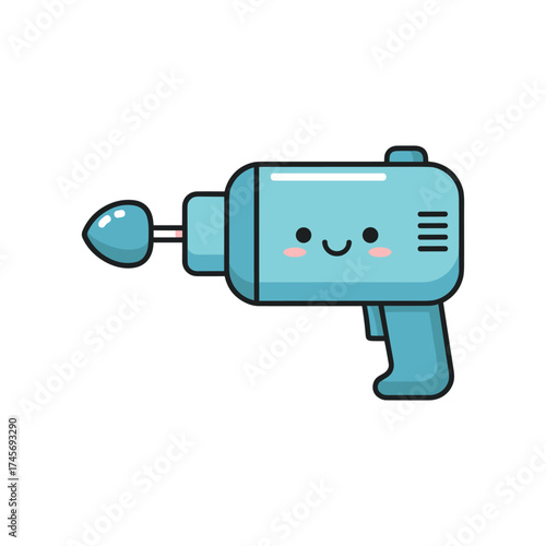 Cute cartoon illustration of a smiling blue toy ray gun with a whimsical design