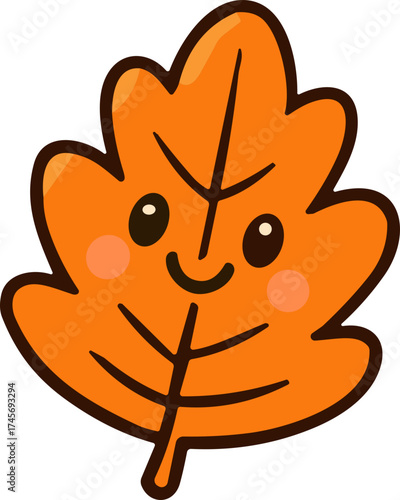 A cute kawaii-style orange autumn leaf with a smiling face and rosy cheeks, symbolizing warmth and happiness in the fall season.