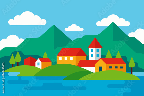 Colorful flat design village on a lakeside with mountains and clouds