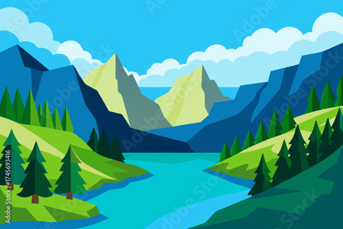Serene mountain lake surrounded by green hills and pine trees under a blue sky