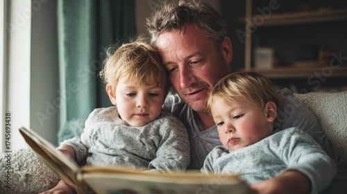 mature father with two small children resting indoors at home looking at photo album no logos no brands ar 169