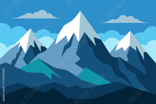 Stylized mountain range with snow capped peaks and clouds