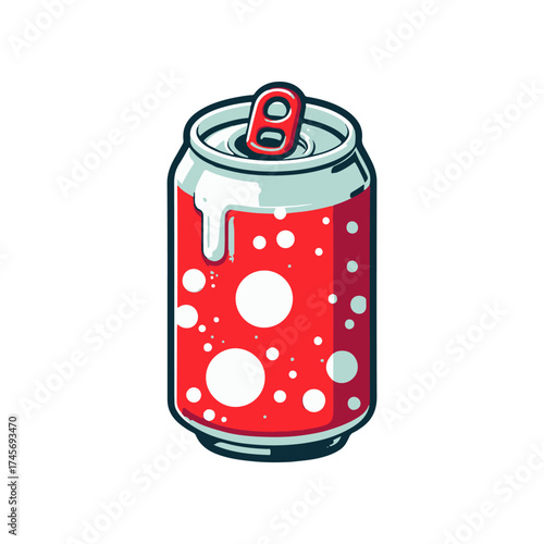A vibrant red soda can with a pull tab, covered in condensation, set against a bright background