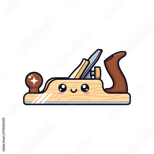 Cute cartoon illustration of a smiling wood plane tool, showcasing craftsmanship with a playful design