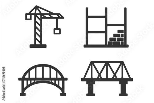 Construction vector icon set. Tower crane, house building frame, bridge symbols. Civil engineering, architecture, industrial design elements. Real estate development concept.