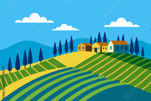 Stylized italian landscape with rolling hills and farmhouses