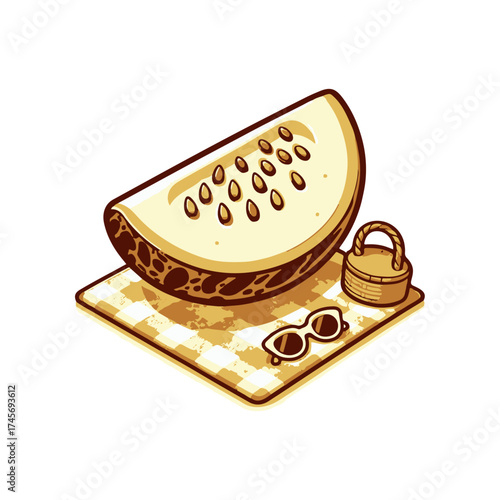 A vibrant watermelon slice rests on a picnic blanket beside sunglasses and a picnic basket