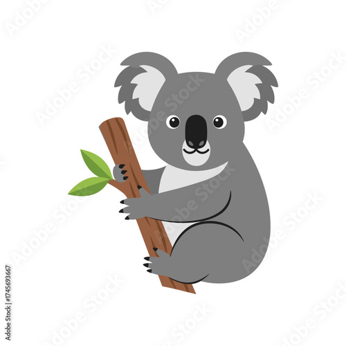 Cute cartoon koala sitting on a branch with green leaves against a white background