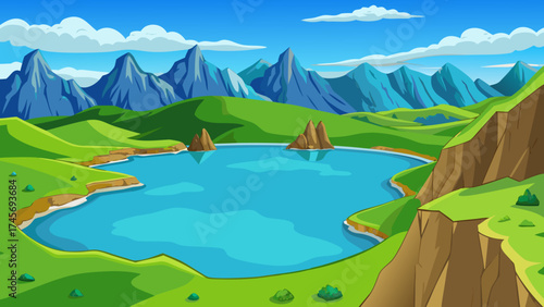 Vibrant cartoon landscape with blue lake and majestic mountains