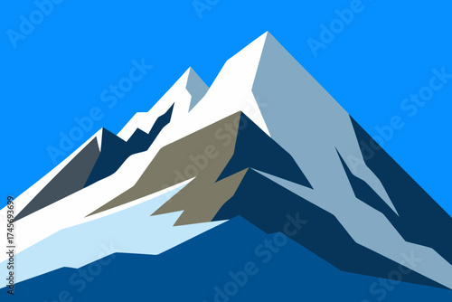 Stylized geometric mountain range with snow and blue sky