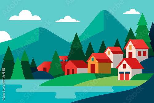 Stylized village with red roof houses nestled by a lake and mountains
