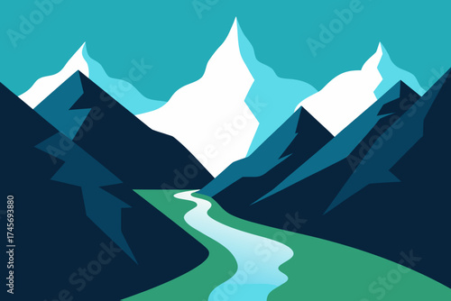 Stylized mountain range with a winding river and snow capped peaks