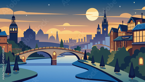 Stylized cityscape with a bridge over a river at sunset