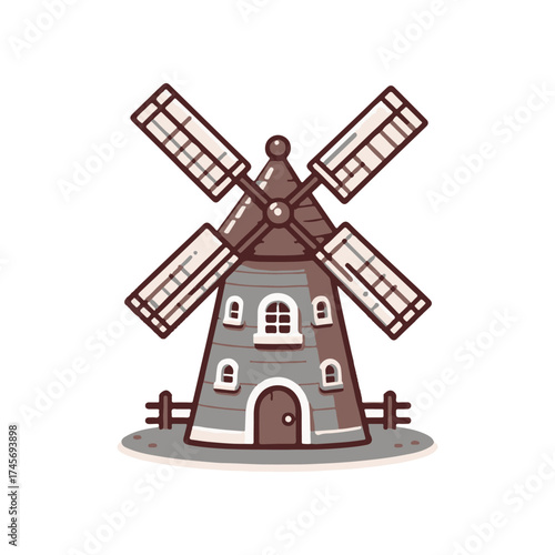 A whimsical windmill with turning blades set in a serene landscape, surrounded by soft hills