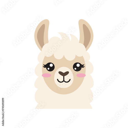 Cute cartoon llama with fluffy fur and big eyes, set against a simple white background