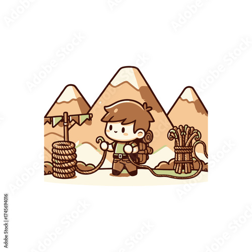 A young adventurer prepares for a mountain trek, surrounded by ropes and climbing gear
