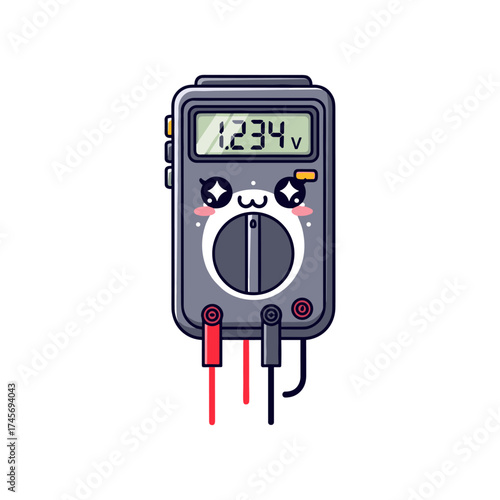 Cute cartoon multimeter displaying voltage with adorable facial expression and colorful leads