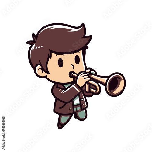 A young boy playing a trumpet joyfully, surrounded by colorful musical notes in a vibrant setting