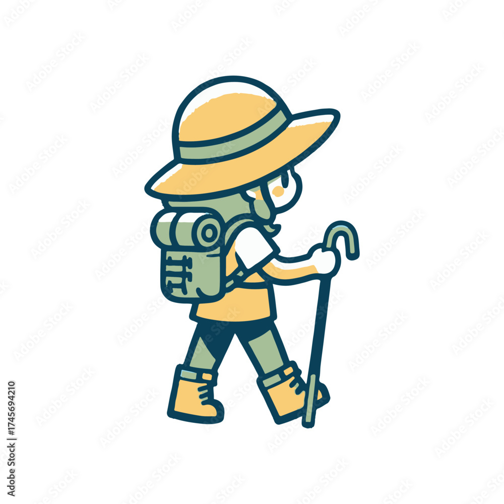 Fototapeta premium A young hiker exploring nature with a backpack and walking stick, surrounded by serene landscapes