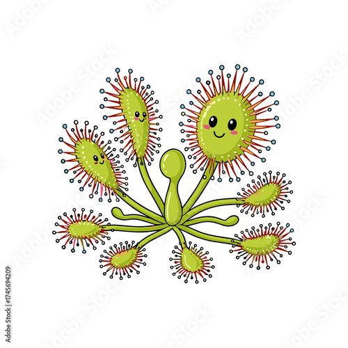 A whimsical illustration of happy, cartoonish carnivorous plants in a playful arrangement