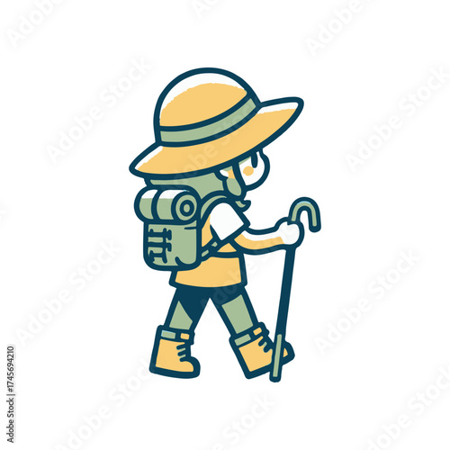 A young hiker exploring nature with a backpack and walking stick, surrounded by serene landscapes