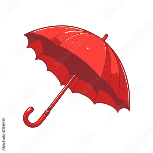 Bright red umbrella positioned at an angle, set against a plain white background, ideal for weather-related themes