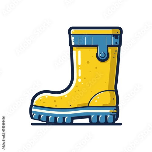 Bright yellow rubber boot with blue accents, standing alone on a white background, ideal for fashion or gardening themes