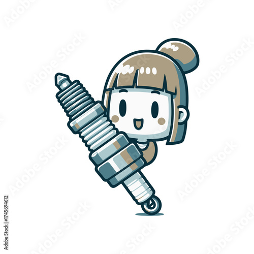 Cartoon character cheerfully holding a spark plug, showcasing automotive theme and playful design