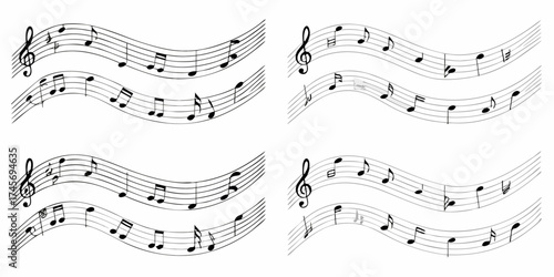 Collection of musical staves with black and gray notes and treble clefs on a white background