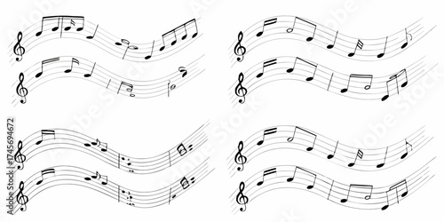 Abstract wavy musical staff lines with black notes and treble clefs on a white background