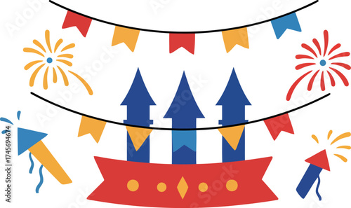 Festive fireworks bunting banner and rockets celebration illustration vector