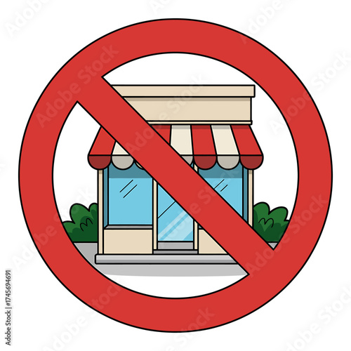 No Store Allowed Symbol with Red Circle and Storefront Illustration Indicating Business Restrictions and Prohibition Sign