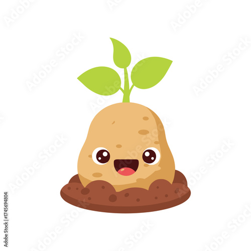 Cute cartoon potato sprouting with happy face and green leaves, set against a white background