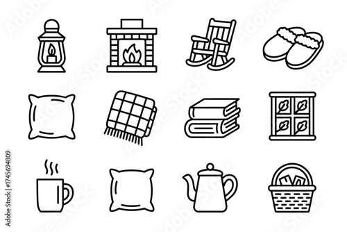 Cozy home elements in outline style fireplace rocking chair tea and blanket providing warmth and relaxation inviting vector art