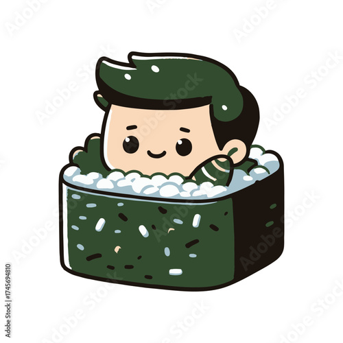 Cartoon character playfully submerged in sushi, surrounded by rice and seaweed, cheerful vibe