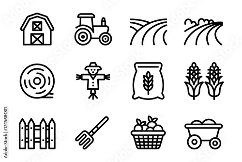Collection of farm icons representing agriculture and rural lifestyle with barn tractor and crops vector illustration