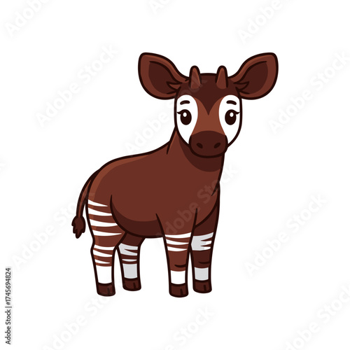 Cartoon depiction of a young okapi standing upright with distinctive markings and features