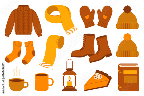 Cozy Autumn Vibes Illustration with Sweaters Scarves and Pumpkin Pie for Thanksgiving and Fall Season