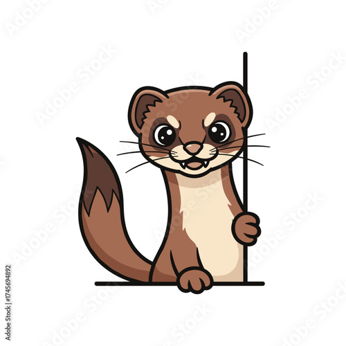 Cartoon ferret holding a stick, smiling playfully, with a simple white background