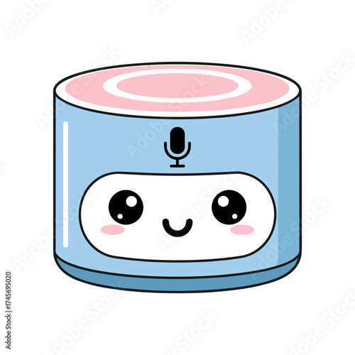 Cute cartoon representation of a blue sushi roll with a microphone, smiling cheerfully