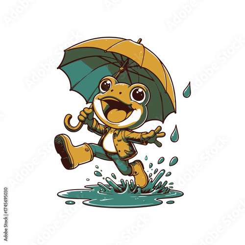 Cartoon frog joyfully splashing in puddles under an umbrella during a rainy day
