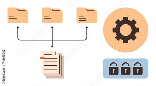 Connected folders over a centralized hub, documents, gear, and locks conveying system control and security. Ideal for file management, digital organization, cybersecurity, IT systems, privacy