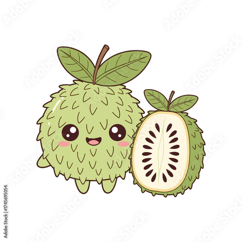 Cute cartoon representation of a fuzzy green fruit with a smiling face, showcasing a sliced half revealing seeds, ideal for children's content