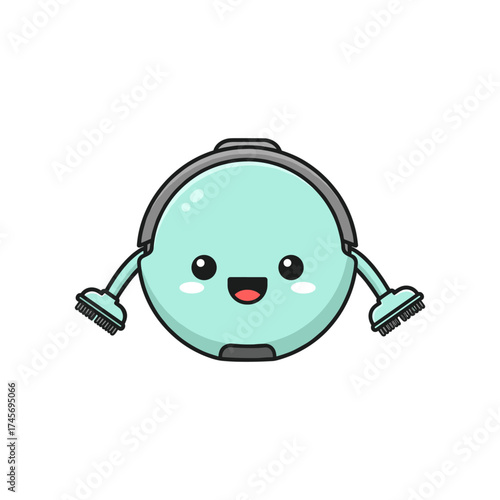Cute cartoon robot vacuum cleaner character with smiling face and brush attachments