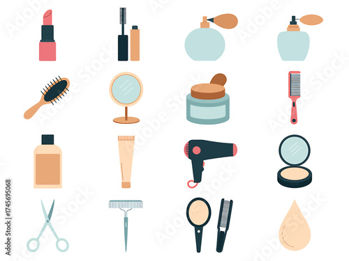 Collection of Beauty and Personal Care Items Flat Vector Illustration Set for Website and Marketing Materials